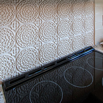 2 Tone Gray Kitchen with Quartz Countertop and Crackle Tile Backsplash