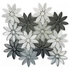 Flower Illusion 12x12 Glass and Stone Waterjet Mosaic in Calacatta and Gray