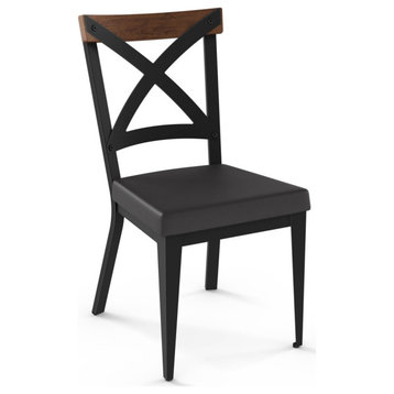 Amisco Snyder Dining Chair, Charcoal Black Faux Leather/Brown Distressed Wood/Black Metal