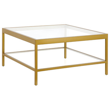 Modern Coffee Table, Brass Finished Metal Frame With Tempered Glass Top & Shelf