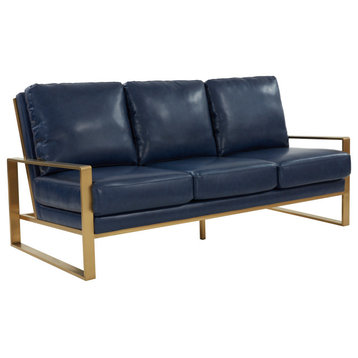 LeisureMod Jefferson Modern Design Faux Leather Sofa With Gold Frame, Navy Blue