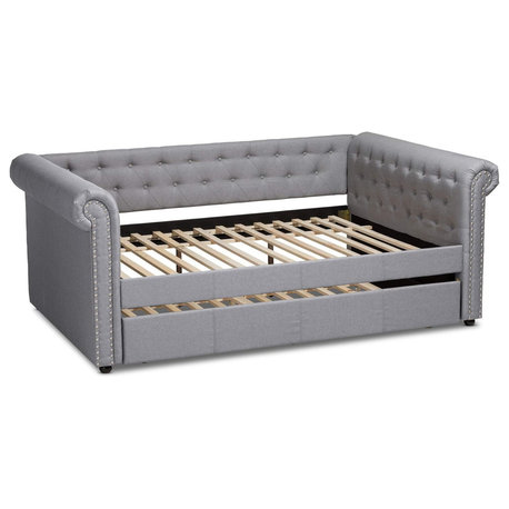 Gray Full Daybed with Button Tufting, Linen Upholstery, Rolled Arms, and Trundle