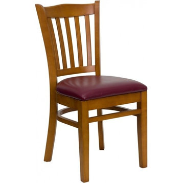 Vertical Slat Back Cherry Wood Restaurant Chair, Burgundy Vinyl Seat
