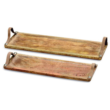 Farmer's Market Serving Board Trays, Brown Leather Handles