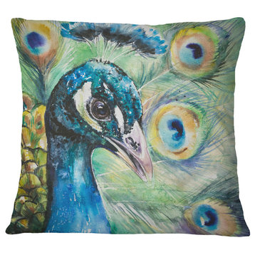 Larger Peacock Watercolor Abstract Throw Pillow, 16"x16"