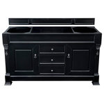 James Martin Vanities - Brookfield 60" Antique Black Single Vanity - The Brookfield 60", single sink, Antique Black vanity by James Martin Vanities features hand carved accenting filigrees and raised panel doors. Two doors, on either side, open to shelves for storage below and three center drawers, made up of a lower double-height drawer and both middle and top short-length standard drawers, offer additional storage space. The look is completed with Antique Brass finish door and drawer pulls. Matching decorative wood backsplash is included.