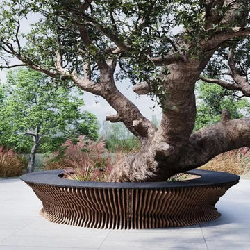 Modern Round Wooden Tree Bench – Unique Outdoor Seating for Public