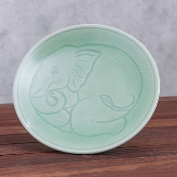 Novica Handmade Sleeping Elephant Celadon Ceramic Dessert Plate