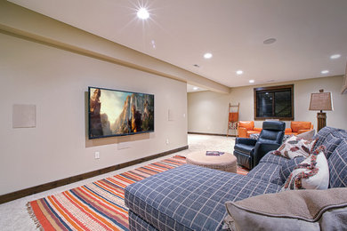 Basement - mid-sized transitional look-out carpeted basement idea in Other with beige walls