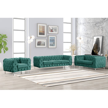 Rebekah  3 Piece Velvet Standard Foam Living Room Set sofa+loveseat+Chair, Green