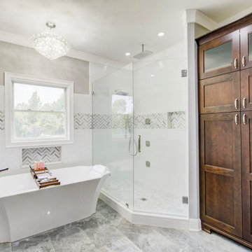 Classic marble and wood master bath