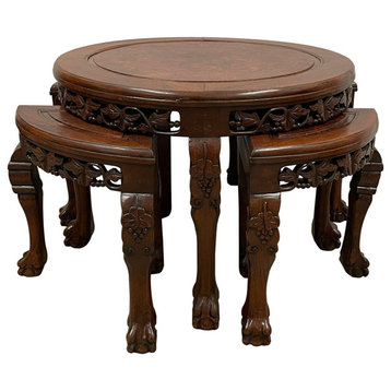 Consigned Antique Chinese Rosewood, Burl Wood Top Coffee Table w/4 Nesting stool