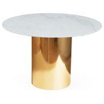 Jonathan Adler - Alphaville Dining Table, 44" - Minimalist and modern, our Alphaville Dining Table features a honed brass pedestal base and a circular white marble top. The simple cylindrical base is the ideal complement to leggy dining chairs, and the perfect perch for a couture marble surface. A dream in your dining room, it also moonlights as a glamorous game table for an unused corner of your living room. Seats up to 6.