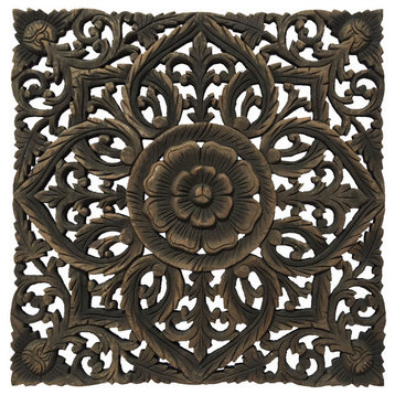 Oriental Carved Floral Wall Art Panel Decor, 24", Black Wash