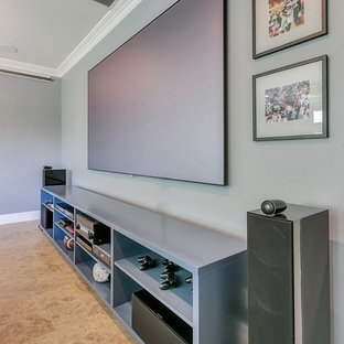 Photo of a large traditional enclosed home cinema in Los Angeles with grey walls, ceramic flooring and a projector screen.