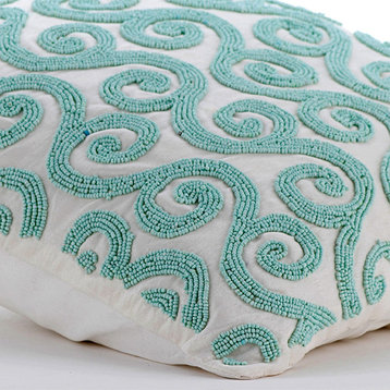 Blue Decorative Pillow Covers 14"x14" Silk, Mint Blue Trail