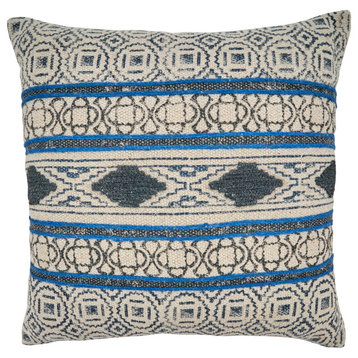 Down-Filled Throw Pillow With Boho Rug Design, 20"x20", Blue