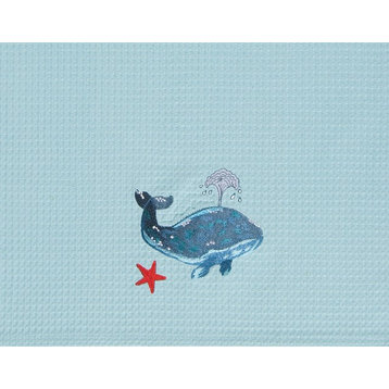 Coastal Blue Whale and Red Starfish on Teal Blue Waffle Weave Kitchen Dish