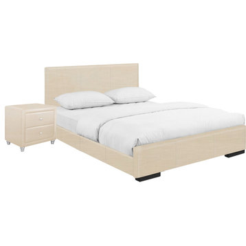 Beige Upholstered Twin Platform Bed With Nightstand