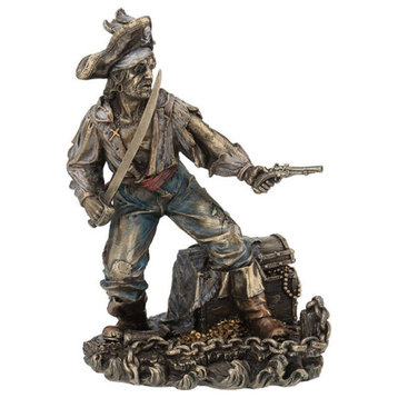 Pirate Captain With Cutlass And Pistol Guarding Treasure Chest Statue