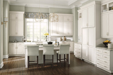 Inspiration for a traditional eat-in kitchen in Other with raised-panel cabinets, white cabinets, white splashback, dark hardwood floors, with island and brown floor.