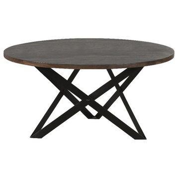 Pemberly Row Wood Round Coffee Table with Intersecting Triangles Base - Gray