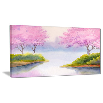 "Flowering Trees Over River" Landscape Canvas Print, 32"x16"