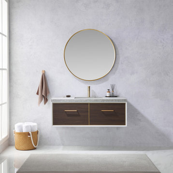 Caparroso Floating Bath Vanity, Stone Top, Dark Walnut, 48", With Mirror