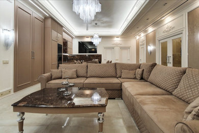 Imagen de salón clásico renovado de tamaño medio sin chimenea con suelo de baldosas de porcelana, suelo beige y bandeja