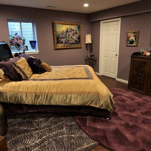 Photo of a medium sized bohemian look-out basement in Other with purple walls, vinyl flooring and brown floors.