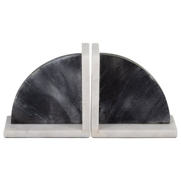 Marble, Set of 2 6"H, Rounded Bookends, Black/White