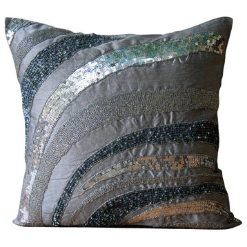 Gray Art Silk 16"x16" Sequins And Beaded Spiral Pillows Cover, Silver Bands
