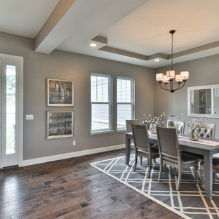 セントルイスの中サイズのトランジショナルスタイルのLDKの画像 (グレーの壁、濃色無垢フローリング、暖炉なし、茶色い床)