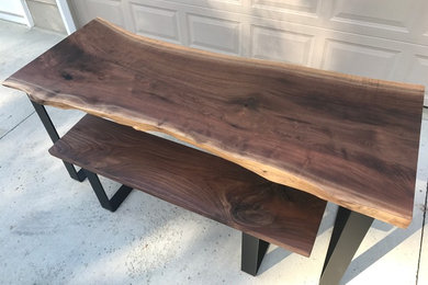 6' Live Edge Walnut Dining Table with 4-1/2' Walnut Bench & Powder Coated Base