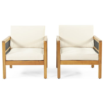 Sagewood Outdoor Acacia Club Chairs with Cushions (Set of 2), Teak and Beige