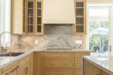 Small beach style l-shaped vinyl floor, beige floor and exposed beam eat-in kitchen photo in San Francisco with an undermount sink, shaker cabinets, light wood cabinets, quartzite countertops, multicolored backsplash, stone slab backsplash, stainless steel appliances, an island and multicolored countertops