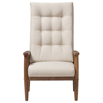 Roxy Walnut Brown Wood and Light Beige Upholstered Button-Tufted High-Back Chair