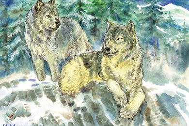 Watercolor, paper, 40x50 cm., Family of wolves in the winter forest ", $ 500, co