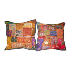 Mogul Interior - Indian Patchwork Sari Pillow Cushion Covers, Set of 2 - Decorative Pillows