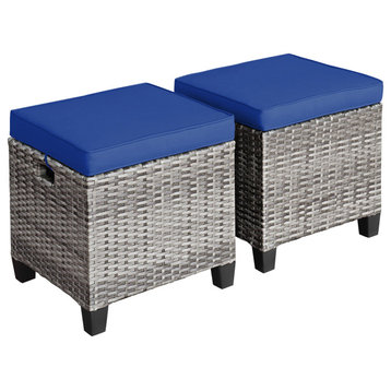 Costway 2PCS Patio Rattan Cushioned Ottoman Seat  Foot Rest Table Navy