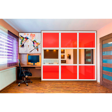 3 Panels Closet / Wardrobe Door with Mirror & Red Painted Glass Insert, 90"x80" Inches