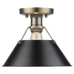 Golden Lighting - Orwell Flush Mount, Aged Brass With Black Shade - Orwell is an extensive assortment of industrial style fixtures. The beauty and character of the collection are in the refined details. This transitional series works well in a variety of settings. Partial shades shield the eyes from possible hot spots, while the open tops tease onlookers with a view of the sockets and bulbs. The design allows light and heat to escape from above and below the metal shades, providing both task and ambient lighting. Edison bulbs are recommended to compete the vintage, industrial look of the fixtures. A choice-selection of finish and shade color combinations heighten the appeal of the series. Opal glass shades are available for bath fixtures. Single pendants are suspended from woven fabric cords while multi-light fixtures are rod-hung.