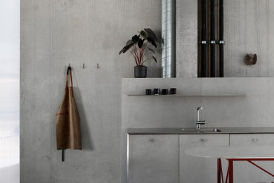 Inspiration for a mid-sized contemporary single-wall eat-in kitchen in Sydney with a single-bowl sink, grey cabinets, stainless steel benchtops, grey splashback, cement tile splashback, stainless steel appliances, plywood floors, with island, white floor and grey benchtop.