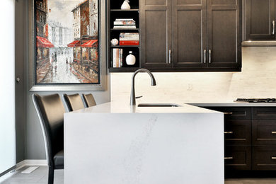 Enclosed kitchen - mid-sized traditional l-shaped enclosed kitchen idea in Toronto with shaker cabinets, dark wood cabinets, stainless steel appliances and a peninsula