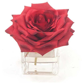 1 Open Red Rose In 3" Square Glass