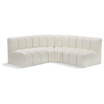 Meridian Furniture - Arc Vegan Leather Upholstered 4-Pc. L-Shaped Modular Sectional, Cream - Unleash modern opulence with the Arc Vegan Leather 4pc. Sectional. Crafted for the modern connoisseur, this Sectional injects an air of refined luxury into any space. Its sleek silhouette, upholstered in supple cream vegan leather, exudes timeless sophistication while the deep channel tufting adds textural intrigue, further elevating the chair's visual appeal. The modular design makes it a versatile chameleon, effortlessly adapting to your evolving needs and preferences. Whether you envision it gracing a chic living room corner, basking in the glow of a bedroom window, or adding a touch of drama to a home office, the Arc seamlessly complements your unique interior aesthetic.