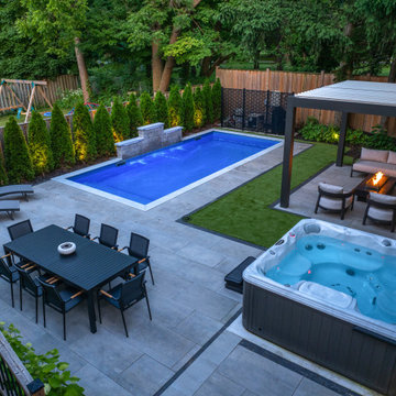 Backyard Pool, Waterfall, Deck, Hot Tub, Pergola, Outdoor Kitchen, Interlocking