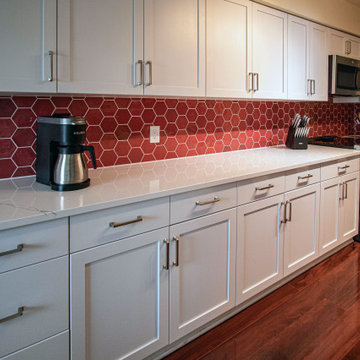 Reface Kitchen Cabinets with Red Hexa Tile Backsplash and Quartz Countertop