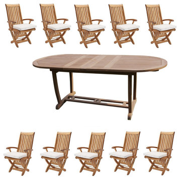 11-Piece Outdoor Teak Dining Set 94" Masc Oval Table, 10 Warwick Folding Chairs