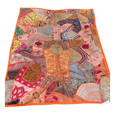 Indian Pink Orange Wall Hanging Tapestry, Embroidery Sequins Sari Patchwork